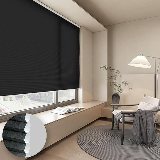 Cellular Shades Light Filtering Honeycomb Blinds for Indoor Windows, Cordless Cellular Shades 1.5 inch Cell Pleated for Bedroom Home Office, Custom Size, Half Shading Black