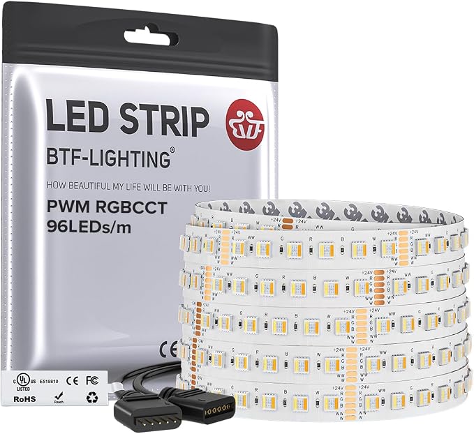 BTF-LIGHTING RGBCCT LED Strip UL Listed 16.4ft 96LED/m 300LED DC24V IP30 | White LED Tape 12mm wide 5 Colors in 1 RGB+Dimmable Tunable Color Temperature 2700K-6500K for Decor(No Adapter or Controller)
