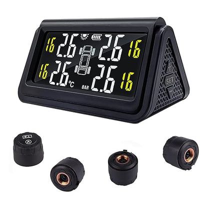 Tire Pressure Monitoring System for Cars with 4 Auto Alarm Modes, Solar Charge, Wireless Smart Real-time, 4 IP67 Waterproof Anti-Theft External TMPS Sensors (0~50psi/0~3.5bar)