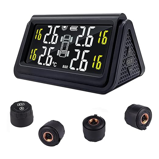Tire Pressure Monitoring System for Cars with 4 Auto Alarm Modes, Solar Charge, Wireless Smart Real-time, 4 IP67 Waterproof Anti-Theft External TMPS Sensors (0~50psi/0~3.5bar)
