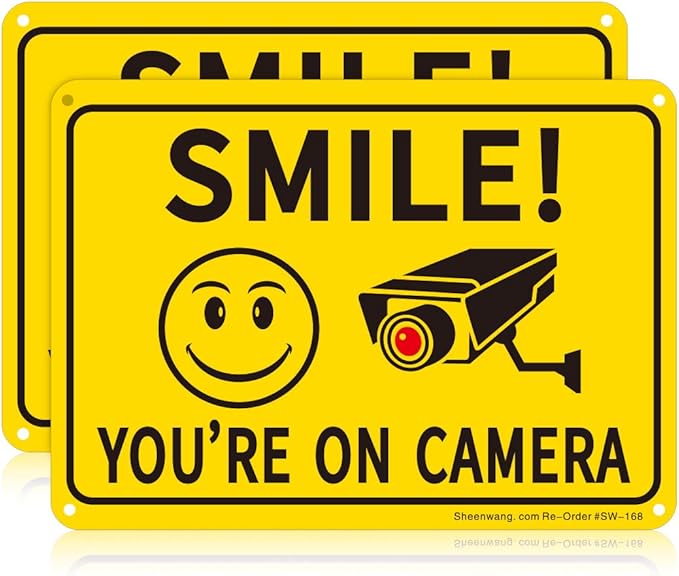 Sheenwang 2-Pack Smile You’re on Camera Sign, Video Surveillance Signs Outdoor, UV Printed .040 Mil Rust Free Aluminum 10 x 7 in, Security Camera Sign for Home, Business, Driveway Alert, CCTV