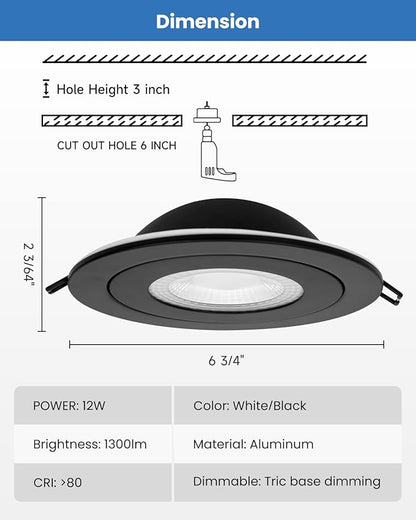 POPANU Recessed Lighting 6 inch - 12W Gimbal Light Eyeball Sloped Ceiling Recessed Spotlight 1300lm Black Trim 90° Tilt Swivel Soffit Wafer Lights 5CCT Adjustable Indoor Dimmable Black 6 inch 6 Pack