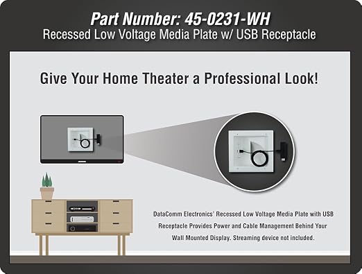DATA COMM Electronics 45-0231-WH USB Recessed Media Outlet Box, In-Wall Cable Management, Duplex Receptacle,4.0 Amp Dual USB Ports, Large Cable Pass-Through, Design for Thin Mounts & TV, White