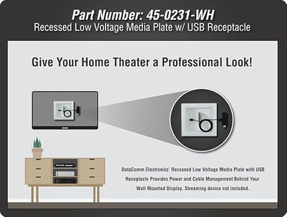 DATA COMM Electronics 45-0231-WH USB Recessed Media Outlet Box, In-Wall Cable Management, Duplex Receptacle,4.0 Amp Dual USB Ports, Large Cable Pass-Through, Design for Thin Mounts & TV, White