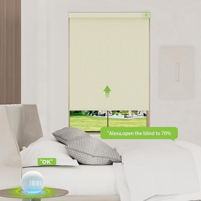 Motorized Blinds with Remote，100% Blackout Smart Blinds Motorized Roller Shades Compatible with Alexa Automatic Blinds for Windows Electric Window Blinds Customized Size Lvory Noir