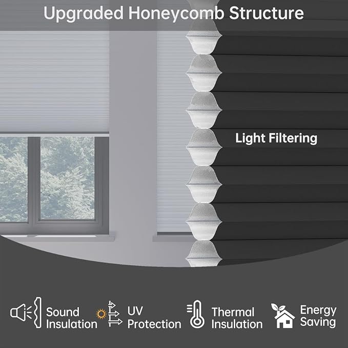 Cellular Shades Light Filtering Honeycomb Blinds for Indoor Windows, Cordless Cellular Shades 1.5 inch Cell Pleated for Bedroom Home Office, Custom Size, Half Shading Black
