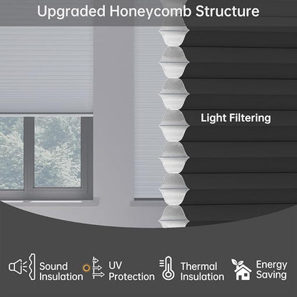 Cellular Shades Light Filtering Honeycomb Blinds for Indoor Windows, Cordless Cellular Shades 1.5 inch Cell Pleated for Bedroom Home Office, Custom Size, Half Shading Black