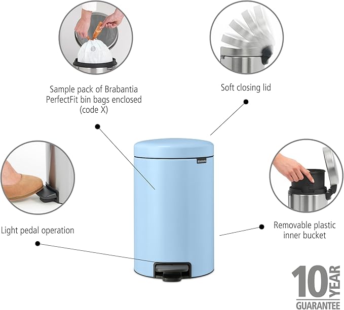 Brabantia Step-On Small Trash Can | Dreamy Blue | 3.2 Gallon / 12L | Bathroom, Bedroom, Office Trash Can, Light Pedal Opening, Handle & Removable Inner Bucket | 9.9 x 13.3 x 16.2 | + Trash Bags