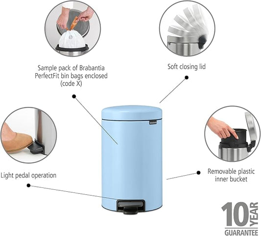 Brabantia Step-On Small Trash Can | Dreamy Blue | 3.2 Gallon / 12L | Bathroom, Bedroom, Office Trash Can, Light Pedal Opening, Handle & Removable Inner Bucket | 9.9 x 13.3 x 16.2 | + Trash Bags
