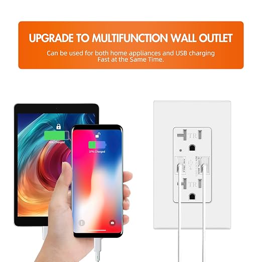 Micmi USB Outlet with C + A Wall Dual High Speed Receptacle Smart 4.8A Fast Charging Capability, 20Amp 125Volt, Tamper Resistant Wall Plate Included UL Listed (2Pack, White, 20 Amp Outlet)