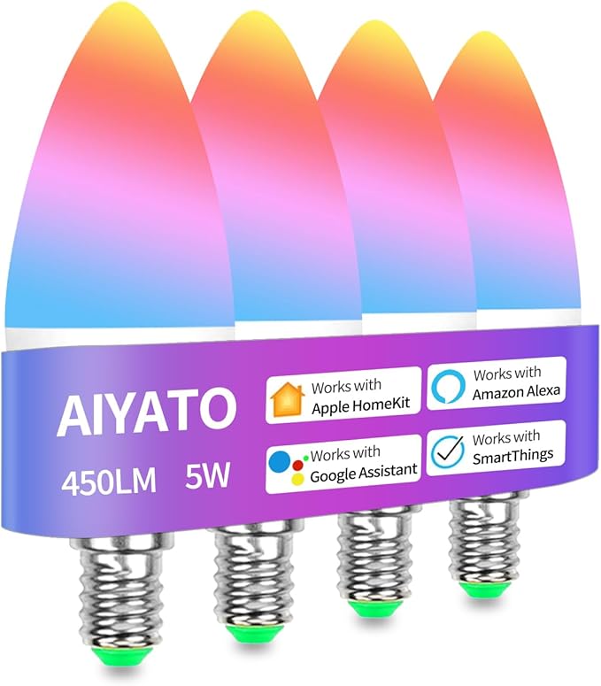 E12 Smart LED Light Bulb, Dimmable Candelabra Light Work with HomeKit, Alexa, Google Home 6W (60W Equiv.) RGBCW 16 Million Color Changing Chandelier Candle Bulb (Multicolor)