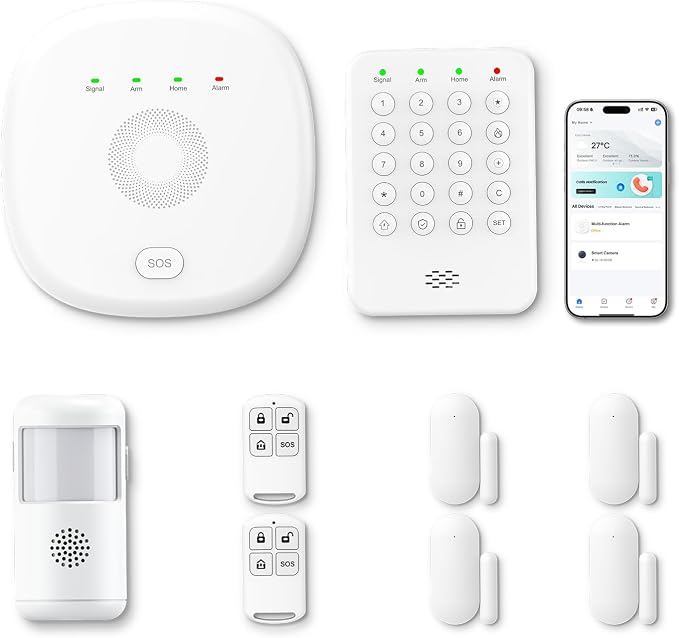 Home Security System 9-Piece Work with Alexa & Google No Monthly Fees,WiFi+4G Mobile App Control with Instant Alerts and Auto Alarm Dial,Door/Window Sensors+Motion Detectors+Remote,24/7 Monitoring