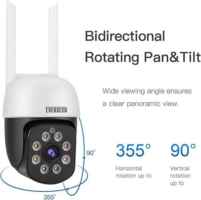 EVERSECU 2K 3.0MP Outdoor WiFi PTZ Security Camera, 2.4G WiFi, Auto Tracking, 2 Way Audio, Color & Infrared Night Vision, Work with Alexa, SD Card & Cloud Storage, ONVlF Compliant RTSP IP CCTV Camera