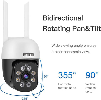 EVERSECU 2K 3.0MP Outdoor WiFi PTZ Security Camera, 2.4G WiFi, Auto Tracking, 2 Way Audio, Color & Infrared Night Vision, Work with Alexa, SD Card & Cloud Storage, ONVlF Compliant RTSP IP CCTV Camera