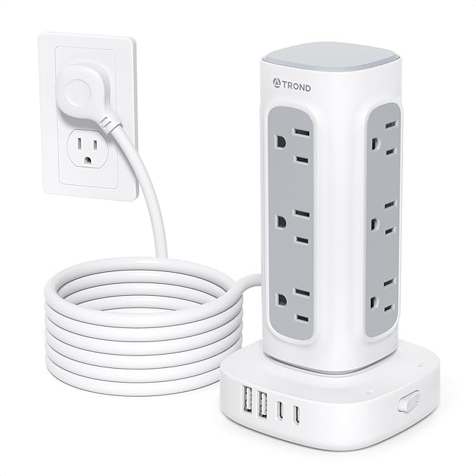 TROND Surge Protector Power Strip Tower - 10ft Flat Plug Extension Cord with Multiple Outlets, 4 USB Ports, Vertical Charging Station, 1700 J, Home Office Desk Supplies, Dorm Room Essentials, White