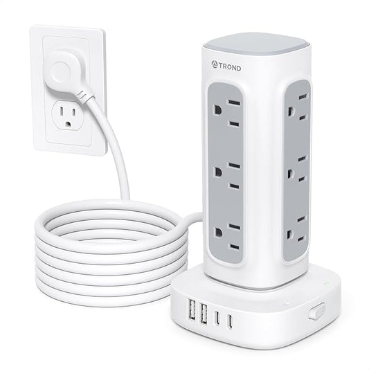 TROND Surge Protector Power Strip Tower - 10ft Flat Plug Extension Cord with Multiple Outlets, 4 USB Ports, Vertical Charging Station, 1700 J, Home Office Desk Supplies, Dorm Room Essentials, White