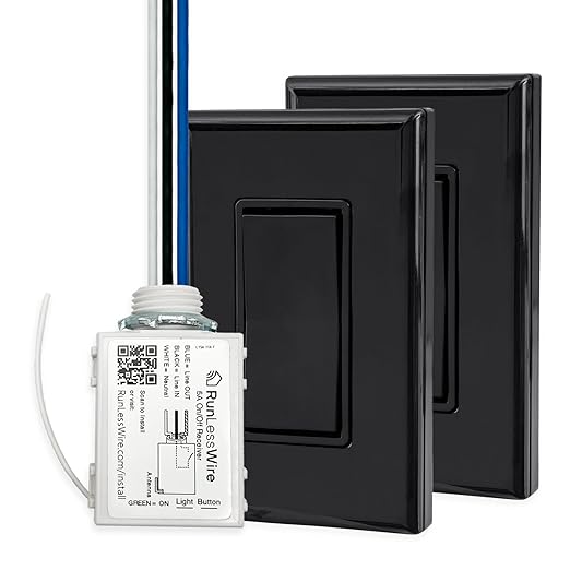 RunLessWire 3-Way Battery-Free DIY Wireless Light Switch Kit 150ft RF Range Self-Powered by Kinetic Energy for Hallways & Stairways: 2 Remote Switches Control 1 5A On/Off Receiver Black