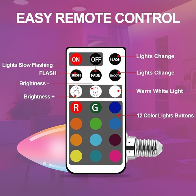 XRise E12 LED Bulb 3W Color Changing Candle Light (RGB + Warm White) 12 Colors, 3000K, Remote Control Included (2 Remote) Decorative Candle Lamp for Stage Home Decor,4 Pack