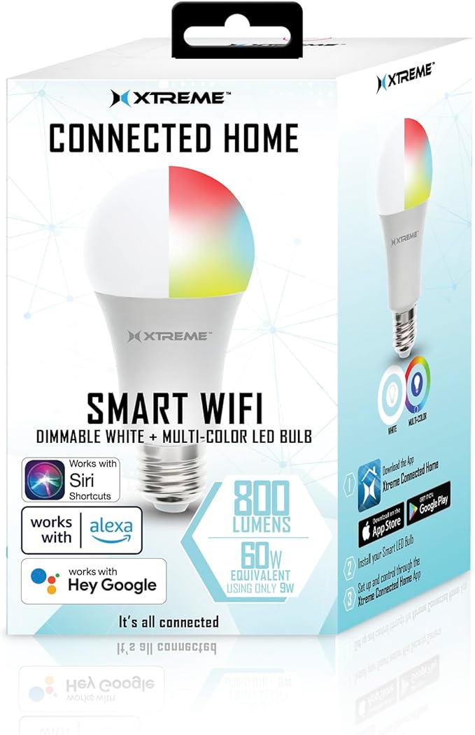 XTREME 4 Pack Smart Wi-Fi Dimmable White + Multi Color LED Light Bulb, A19, E26, 9 Watt, Mobile App Control