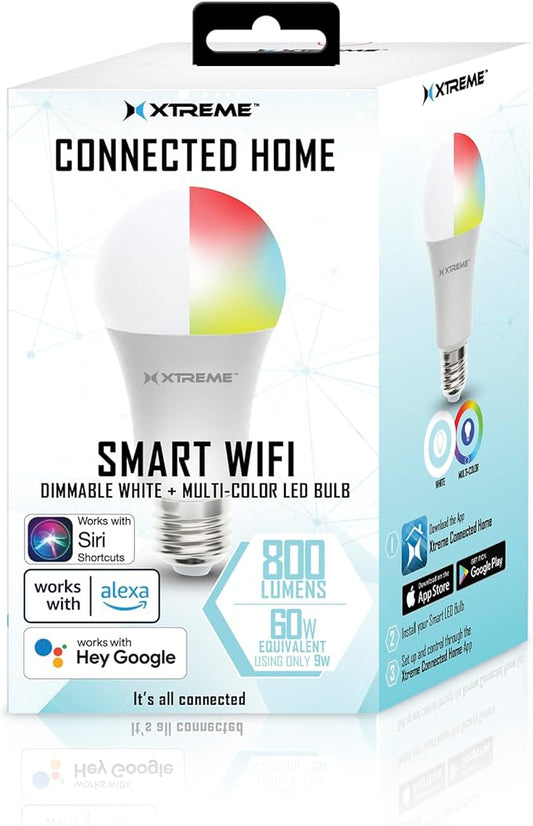 XTREME Smart Wi-Fi Dimmable White + Multi Color LED Light Bulb, 1 Count, A19, E26, 9 Watt, Mobile App Control