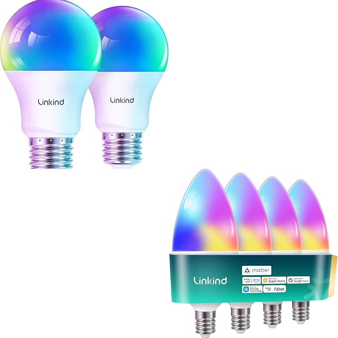 Linkind Matter Smart Light Bulb, Smart Bulbs Work with Apple Home/Siri/Alexa/Google Home/SmartThings, LED Color Changing Light Music Sync
