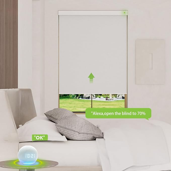 Motorized Blinds with Remote，100% Blackout Smart Blinds Motorized Roller Shades Compatible with Alexa Automatic Blinds for Windows Electric Window Blinds Customized Size Starlight White