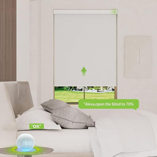 Motorized Blinds with Remote，100% Blackout Smart Blinds Motorized Roller Shades Compatible with Alexa Automatic Blinds for Windows Electric Window Blinds Customized Size Starlight White