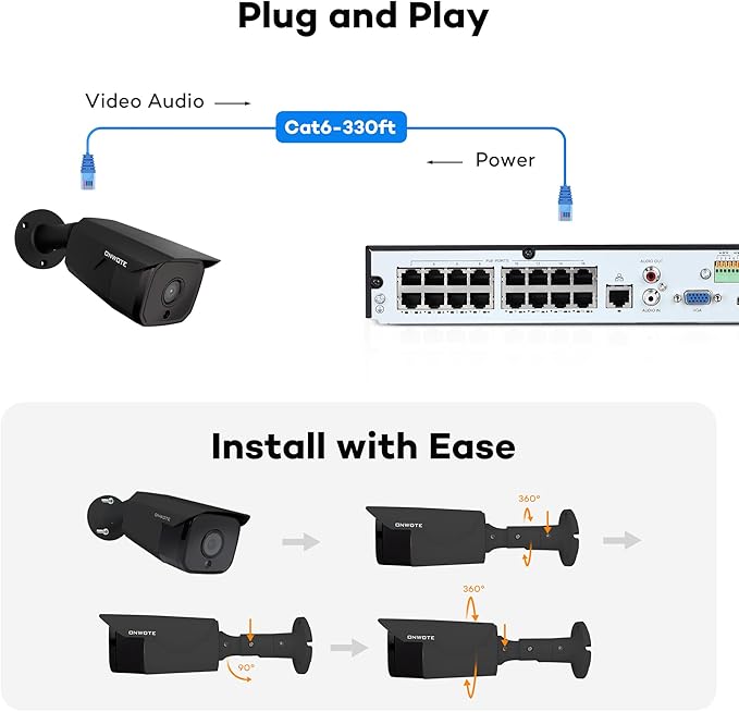 ONWOTE 4K 8MP PoE IP Security Camera, AI Human Vehicle Detection, 3840x2160 8 Megapixels, 134° FoV, Video Audio, Indoor Outdoor, Commercial Wired Camera for Business, Add-on to PoE NVR System (Black)