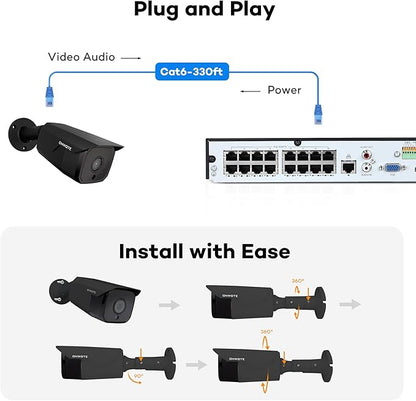 ONWOTE 4K 8MP PoE IP Security Camera, AI Human Vehicle Detection, 3840x2160 8 Megapixels, 134° FoV, Video Audio, Indoor Outdoor, Commercial Wired Camera for Business, Add-on to PoE NVR System (Black)