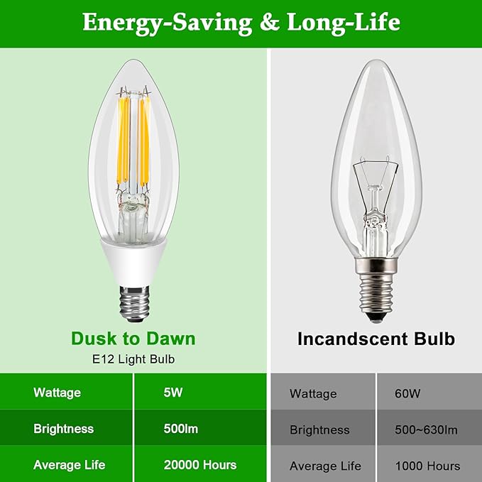 E12 Dusk to Dawn Light Bulbs Outdoor, C35 B11 5W 60W Equivalent 500LM 2700K Soft White Photocell Sensor Filament Candelabra Bulbs, Auto ON/Off Edison Outdoor Bulbs for Garage, Porch, 6 Pack
