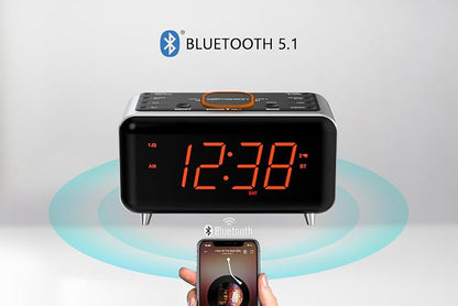 Emerson CKS1521 SmartSet Bluetooth Dual Alarm Clock Radio with 1.4” Orange LED Display, USB Charger, FM Radio, AUX Input, Auto-Dimmer, and Orange Accent Light