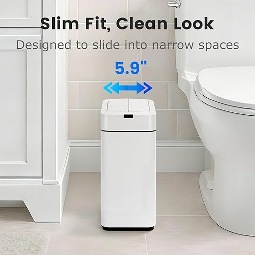 SYNCVIBE Sensor Trash Can with Butterfly Lid 2.6 Gallon Rectangular Automatic Garbage Can, Stainless Steel Trash Bin, Slim Waterproof Wastebaskets with Lid Soft Close for Under Counter, White