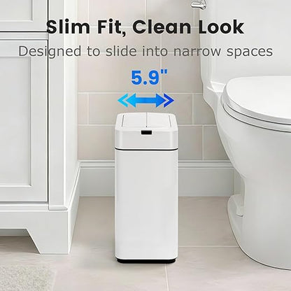 SYNCVIBE Sensor Trash Can with Butterfly Lid 2.6 Gallon Rectangular Automatic Garbage Can, Stainless Steel Trash Bin, Slim Waterproof Wastebaskets with Lid Soft Close for Under Counter, White