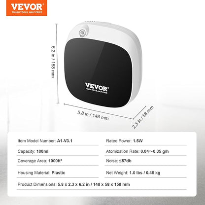 VEVOR Scent Air Machine for Home, 100ML Smart Essential Oil Diffuser with Cold Air Tech, Waterless Scent Air Diffuser with USB & Battery Powered, Cover Up to 1000 Sq.Ft for Living Room, Bath Room, Spa