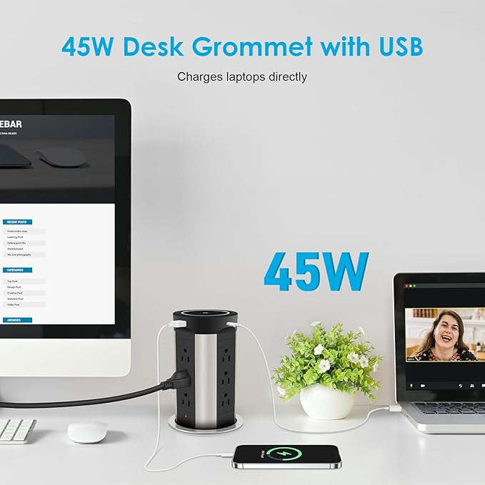 HEZI 4" Pop Up Countertop Outlet with 15W Wireless Charger, Max 45W Power Delivery,15A Tamper Resistant 1200J Surge Protection, Pop Up Electrical Receptacle with 12AC 2 USB-A 2 USB-C for Home Office