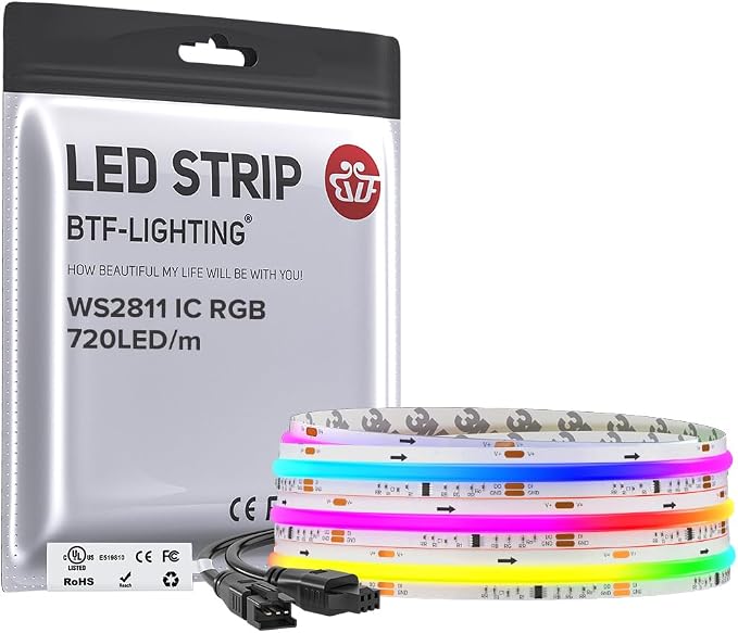 BTF-LIGHTING 9.8FT WS2811 Smart IC RGB DC24V FCOB COB LED Strip Light | UL Listed 720LEDs/m High Density Color Chasing Light 12mm Width for Home Party DIY Lighting(No Adapter or Controller)