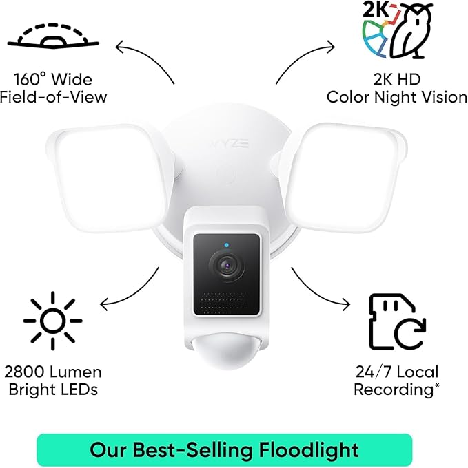 WYZE Floodlight Camera v2, 2800-Lumen LEDs, 2K HD Outdoor Security Camera, 160° Wide View, Motion Activated Light, 105dB Siren, Cloud & Local Storage, Color Night Vision, Wired (Renewed)