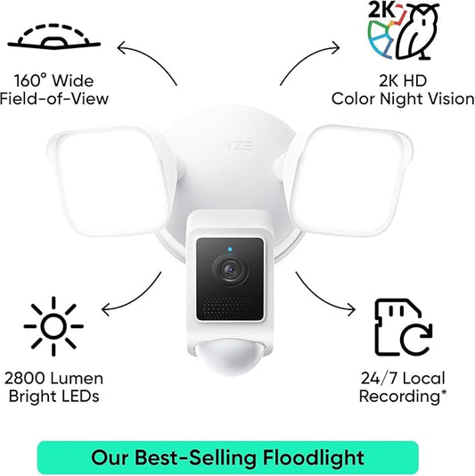 WYZE Floodlight Camera v2, 2800-Lumen LEDs, 2K HD Outdoor Security Camera, 160° Wide View, Motion Activated Light, 105dB Siren, Cloud & Local Storage, Color Night Vision, Wired (Renewed)