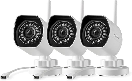 Zmodo 1080p Outdoor Wireless Camera, 3 Pack Indoor Outside WiFi Cameras, IR Night Vision, Motion Detection, Remote View, Easy Setup, White, Plug-In, Compatible with Alexa 3 Count
