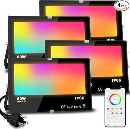 LED Flood Light Outdoor 800W Equivalent 8000LM Smart RGB Landscape Lighting | APP Control, DIY Scenes - Timing - Warm White 2700K - Color Changing Uplight, IP66 Waterproof US Plug (4 Pack)