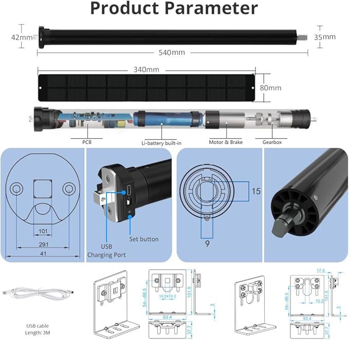 Matter Over Thread Smart Roller Shade Motor with Solar Panel, 5000mAh Battery Motorized Blinds Kit, Works with HomeKit, Alexa, Google Home, SmartThings (6.0 N.m for Φ50mm (2") Round Tube)