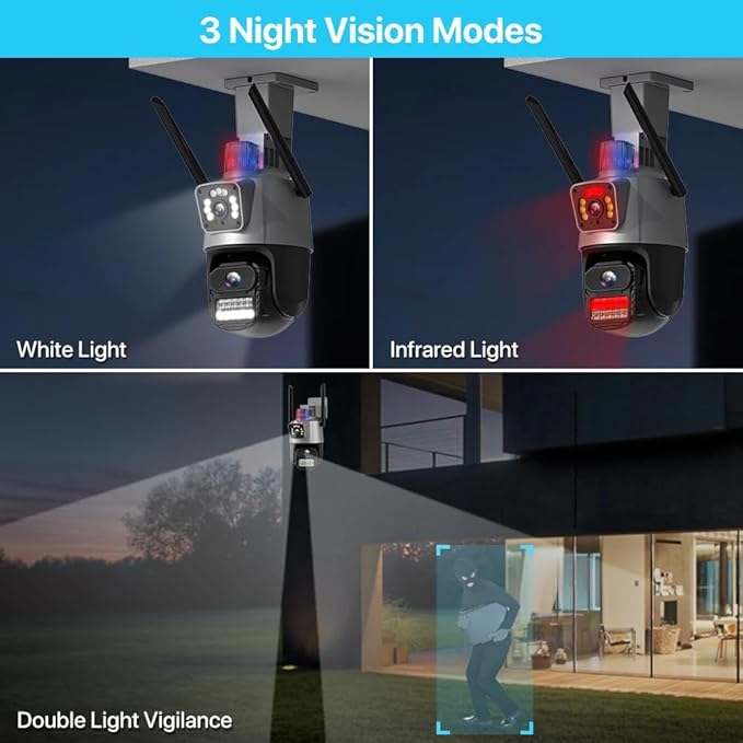 ICSEE WIFI Camera Security 3K 6MP Dual Lens Wireless PTZ Waterproof Human Detection CCTV With Warning Flashing Light, Alexa Supported (Dual Lens Black 6MP)