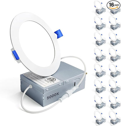 Ensenior 16 Pack 4 Inch LED Recessed Ceiling Light, Dimmable, 5000K Daylight, 750LM 9W 120V, High Brightness Canless Wafer Downlight - ETL&FCC&IC