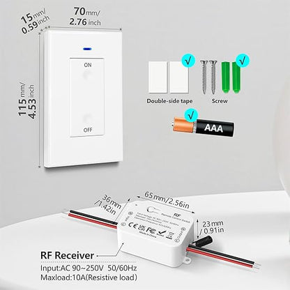 DieseRC AC 110V 120V 220V 240V Wireless Remote Control Light Switch 1500W 1 Channel 433Mhz RF Relay Receiver with 2 Transmitters Keyfob for Lamp Bulb, Easy to Install