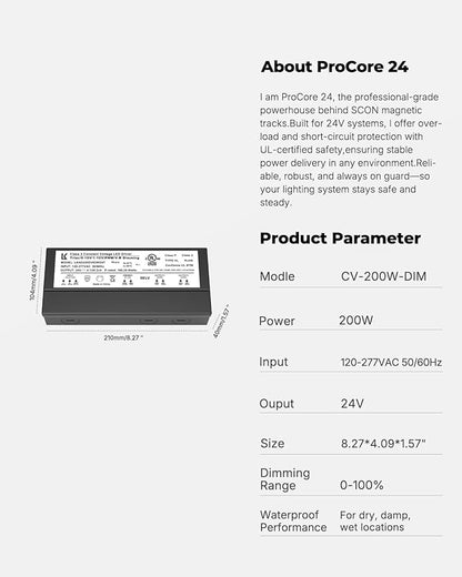 SCON 24V DC 200W LED Power Driver for Track Lighting System, TRIAC/ELV/0-10V Dimmable Supply Transformer Converter Adaptor for LED Lights