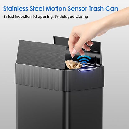TLSUNNY 18.5 Gallon Automatic Trash Can, Stainless Steel Motion Sensor Garbage bin, Smart Trash Can W/Butterfly Lid, Bag Retainer Ring and Display Light for Living Room,Kitchen,Office (Black, 70L)