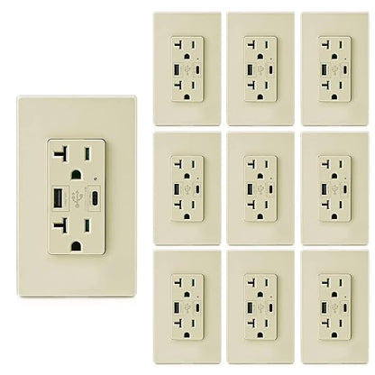 Ivory Outlet with USB C High Speed Charger Type C 4.8A Charging Capability, Child Proof Safety Receptacle 20 Amp, Tamper Resistant w/Wall Plate UL Listed MICMI (USB C Outlet 20Amp Ivory 10pack)