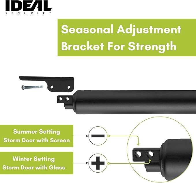 Ideal Security Model 9 Standard Duty Pneumatic Storm and Screen Door Closer, 10.5" L x 1.25" W x 1.25" H, Adjustable Speed, Smooth Closing for Lightweight to Medium Doors, Easy Install, Black