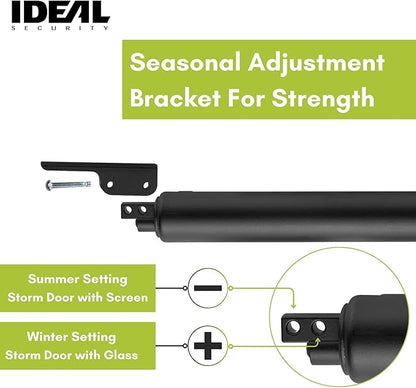 Ideal Security Model 9 Standard Duty Pneumatic Storm and Screen Door Closer, 10.5" L x 1.25" W x 1.25" H, Adjustable Speed, Smooth Closing for Lightweight to Medium Doors, Easy Install, Black