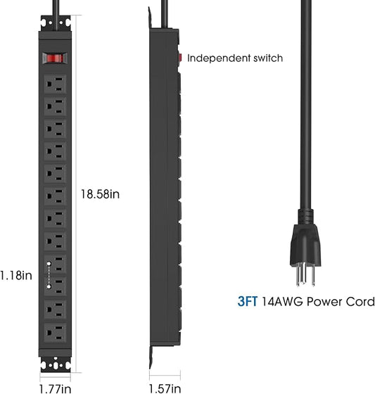 HHSOET Rotating 12 Outlet Surge Protector Power Strip 1200J, 15FT, Black, 1 | Metal Heavy Duty and Versatile Outlet Strip, Mountable Power Strip Suitable for Households Offices Industries